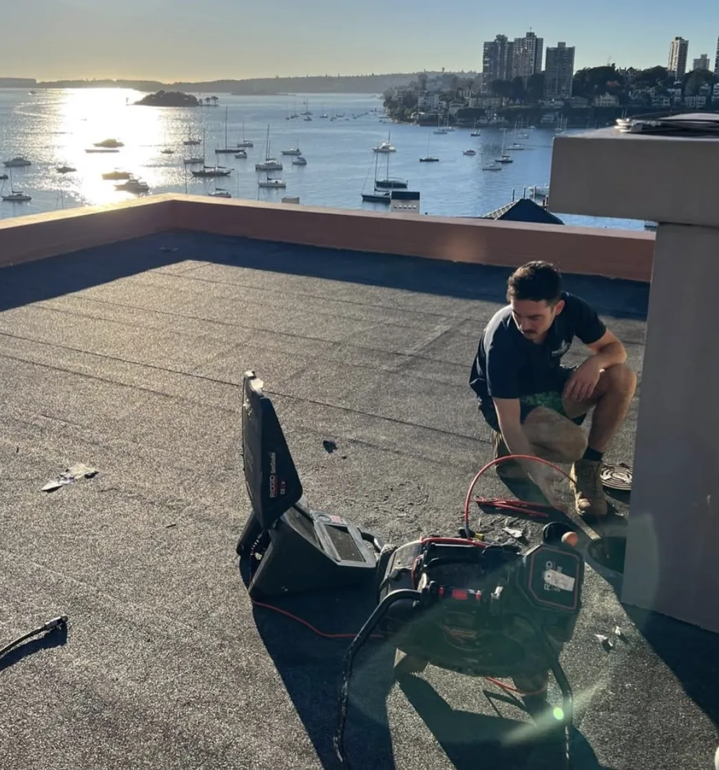 Rooftop drain work overlooking the water at dusk